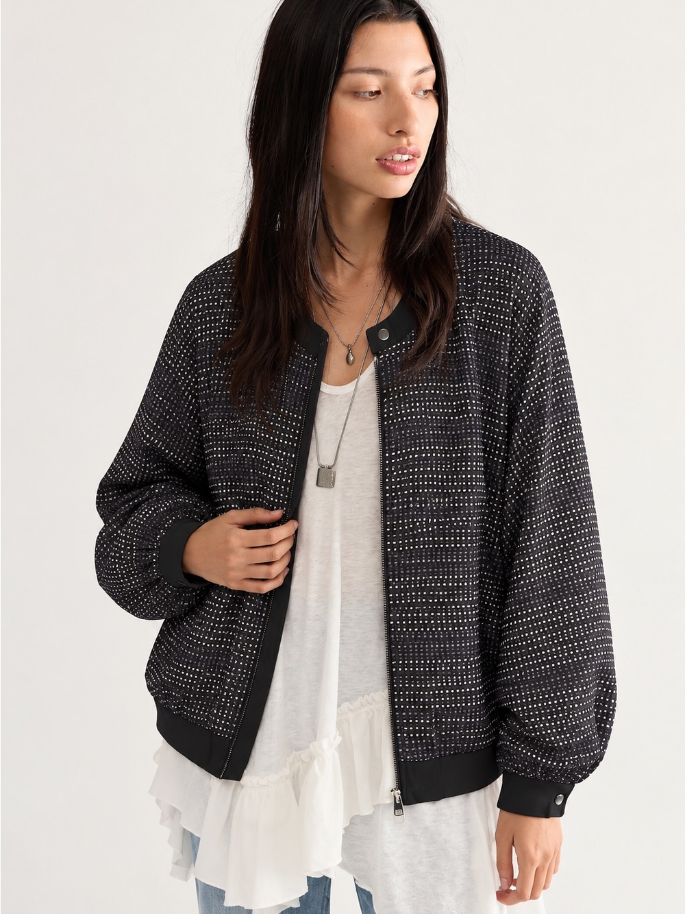237. Black Patterned Light Weight Bomber Jacket - Women